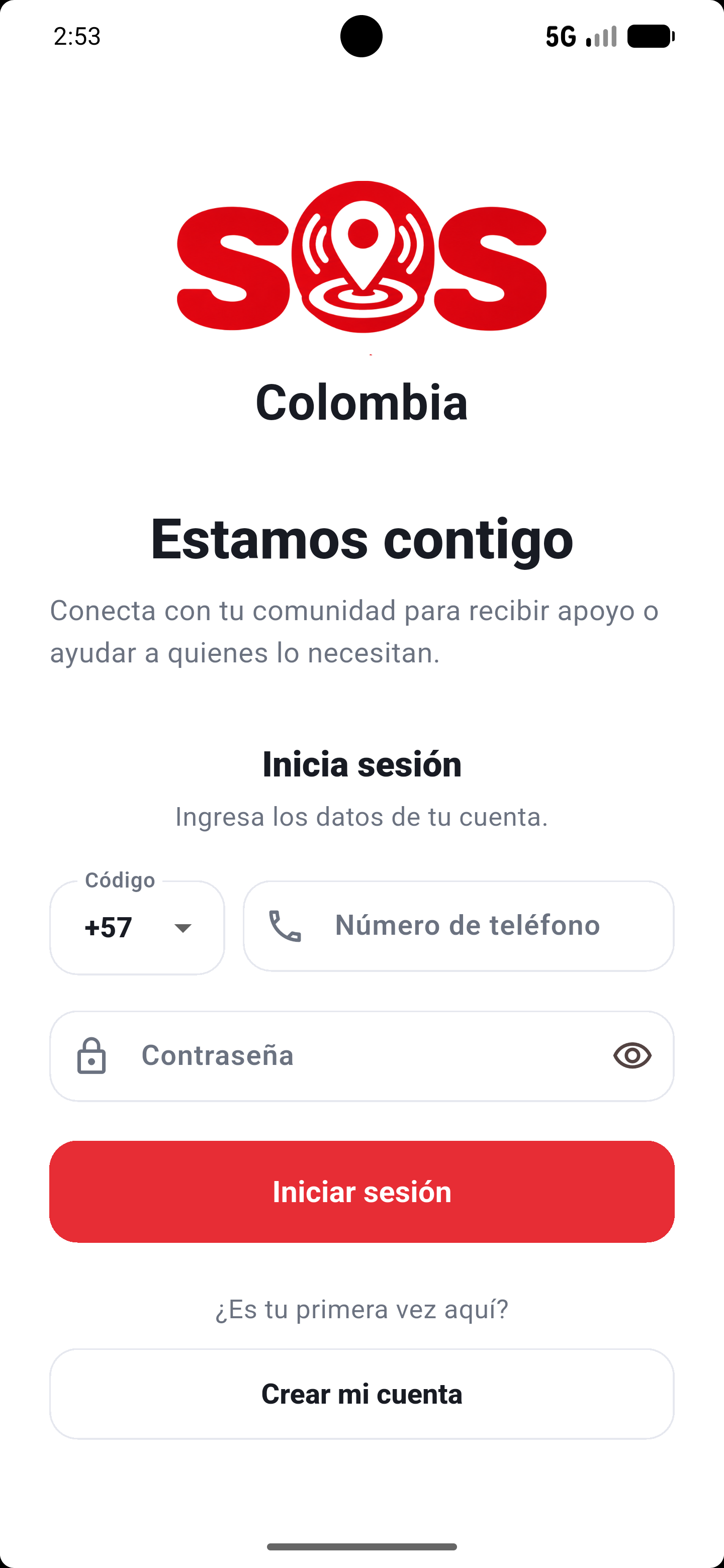 Inicio de sesion de la aplicacion SOS