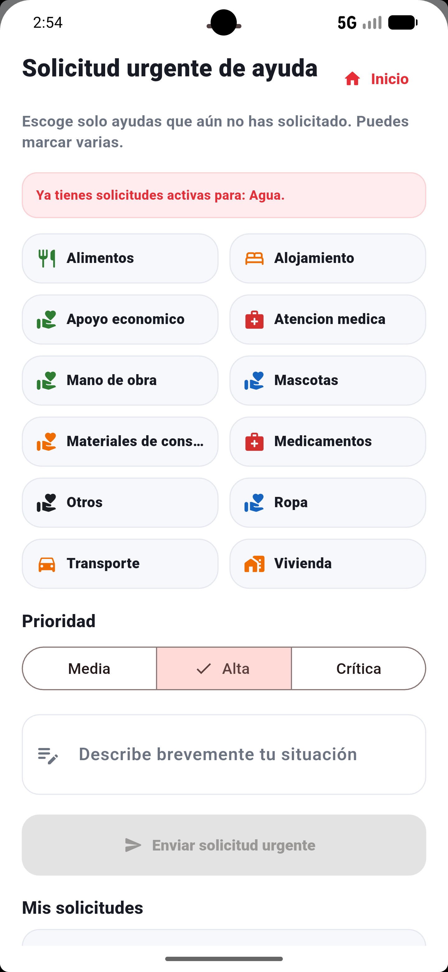 Solicitud urgente de ayuda en la aplicacion SOS