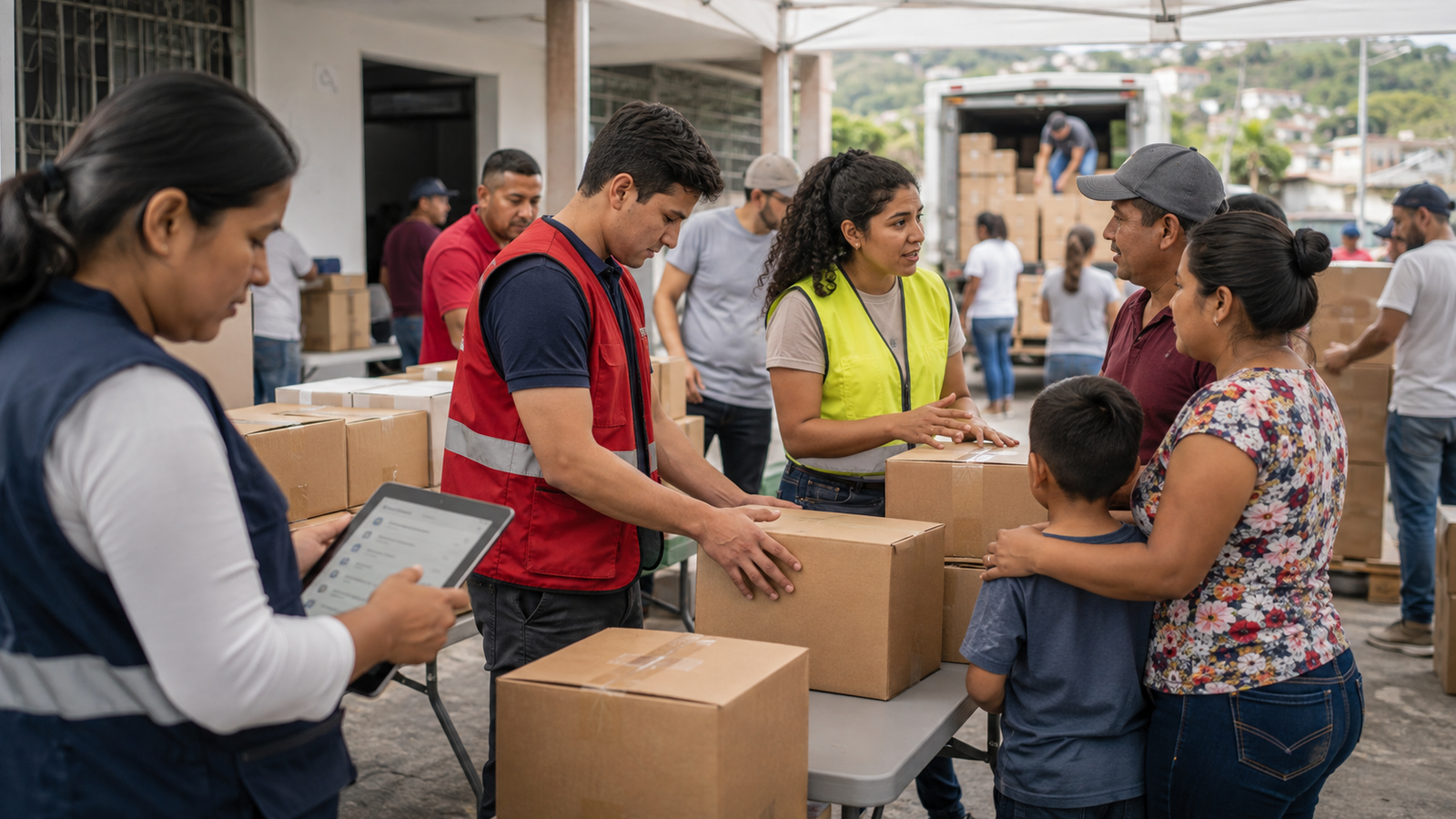 Equipo coordinando y registrando la entrega de ayudas humanitarias