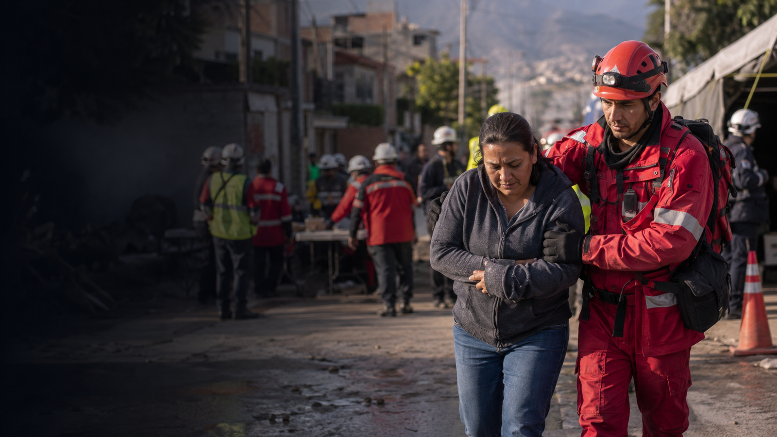 Rescatista acompañando a una persona durante una emergencia